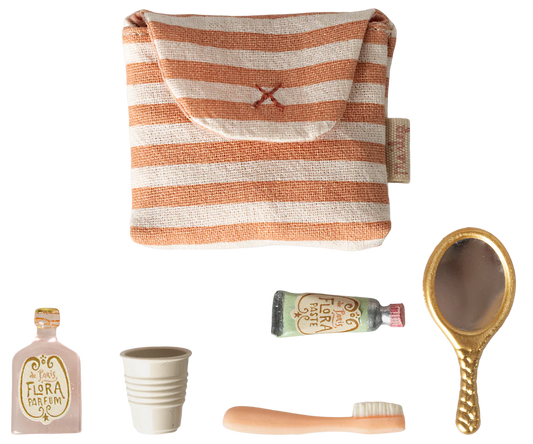 Maileg | Toothbrush Set in Bag – Mouse Coral Stripe