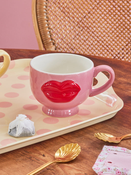 RICE | keramieken mok roze met rode lippen 250 ml