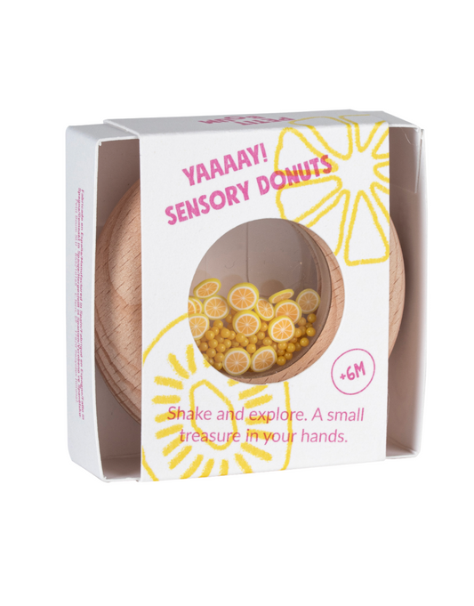 Petit Boum | sensorische donut citroen – houten babyspeelgoed met geluid