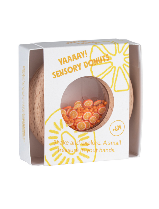 Petit Boum | sensorische donut sinaasappels – houten babyspeelgoed met rammelgeluid
