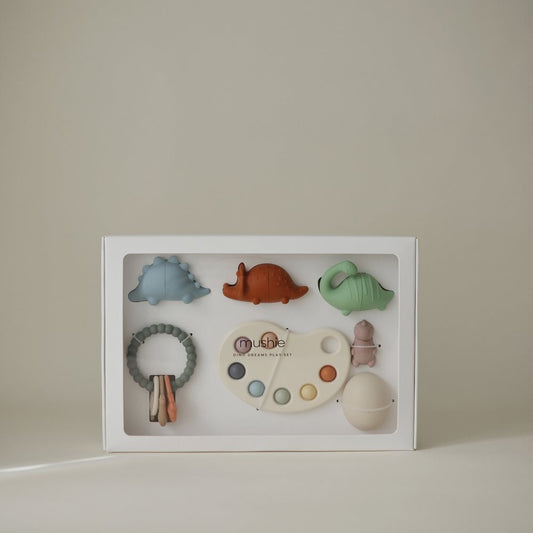 Mushie | Cadeauset Dino Dreams – badspeelgoed en bijtring