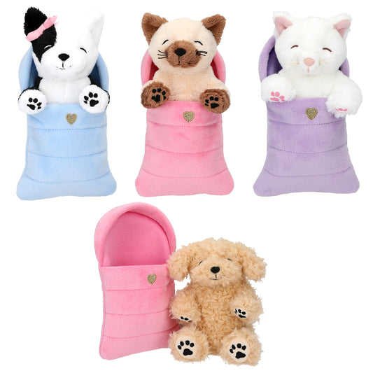 TOPModel | pluche hond of kat in slaapzak – knuffel met zachte slaapzak