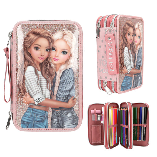 TOPModel | 3-vaks gevulde etui DOTS – roze etui met glitter en inhoud