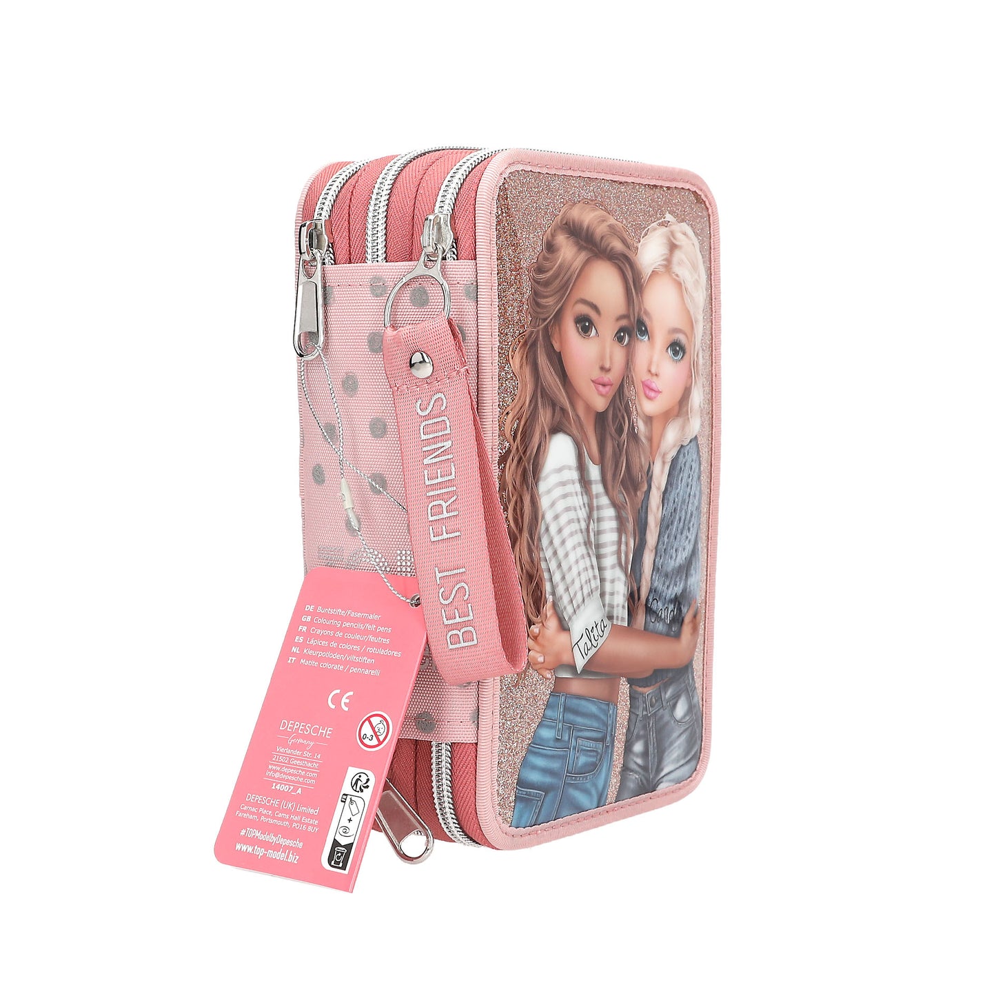 TOPModel | 3-vaks gevulde etui DOTS – roze etui met glitter en inhoud