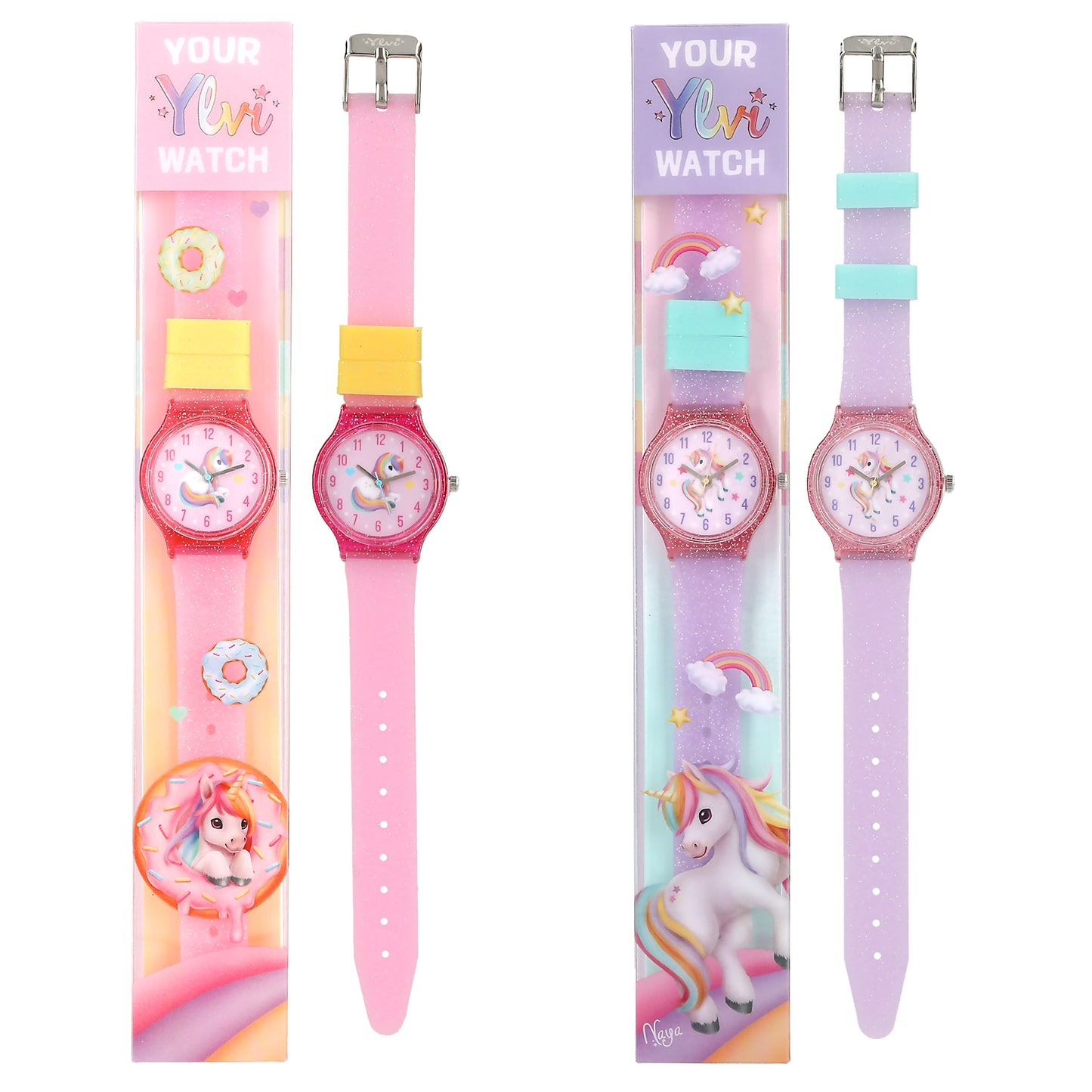 Ylvi | kinderhorloge – eenhoorn horloge met glitter siliconen bandje (2 kleuren)