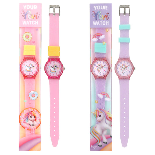 Ylvi | kinderhorloge – eenhoorn horloge met glitter siliconen bandje (2 kleuren)