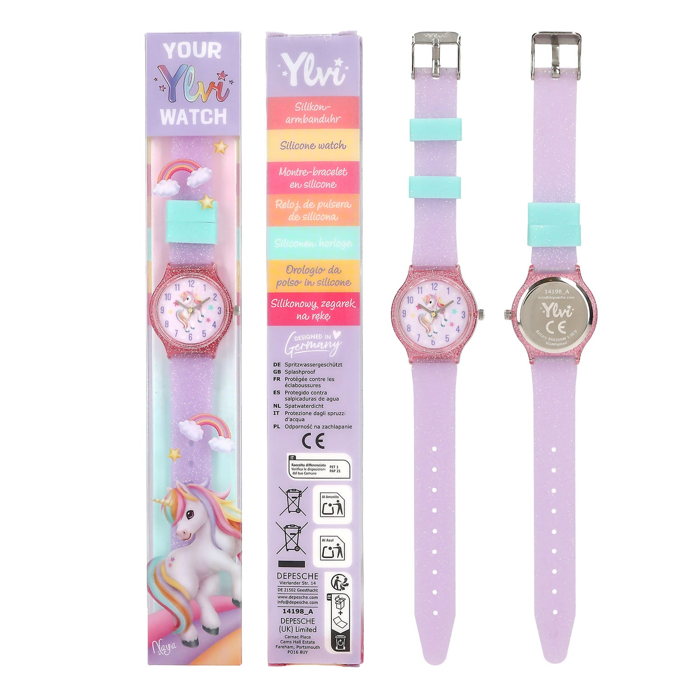 Ylvi | kinderhorloge – eenhoorn horloge met glitter siliconen bandje (2 kleuren)