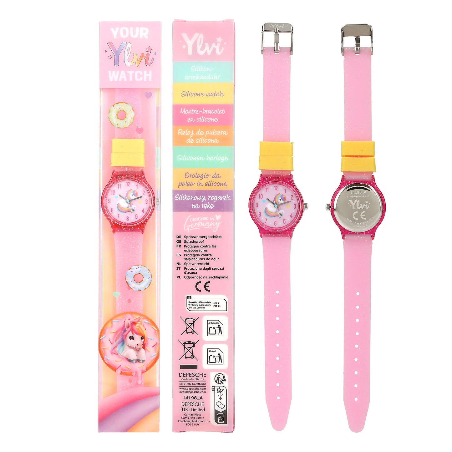 Ylvi | kinderhorloge – eenhoorn horloge met glitter siliconen bandje (2 kleuren)