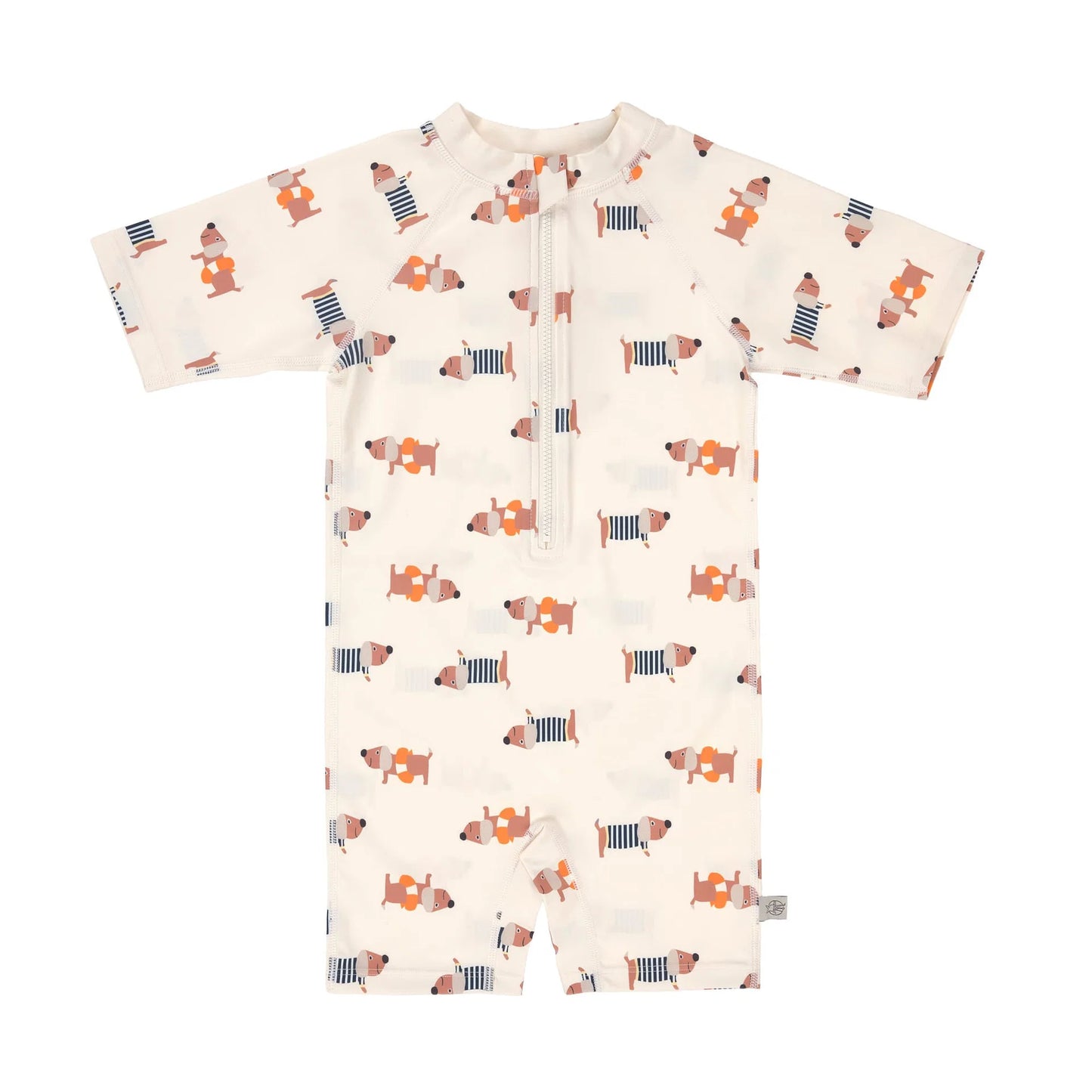 LÄSSIG | Short Sleeve Sunsuit Beach Dog Orange Dark Sea – UV Zwempak Baby