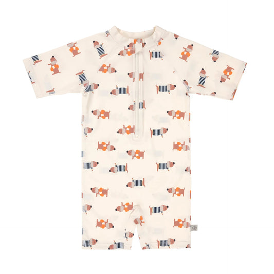 LÄSSIG | Short Sleeve Sunsuit Beach Dog Orange Dark Sea – UV Zwempak Baby