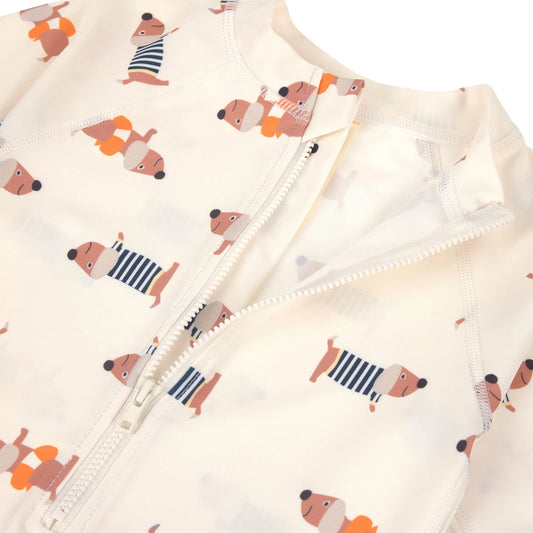 LÄSSIG | Short Sleeve Sunsuit Beach Dog Orange Dark Sea – UV Zwempak Baby