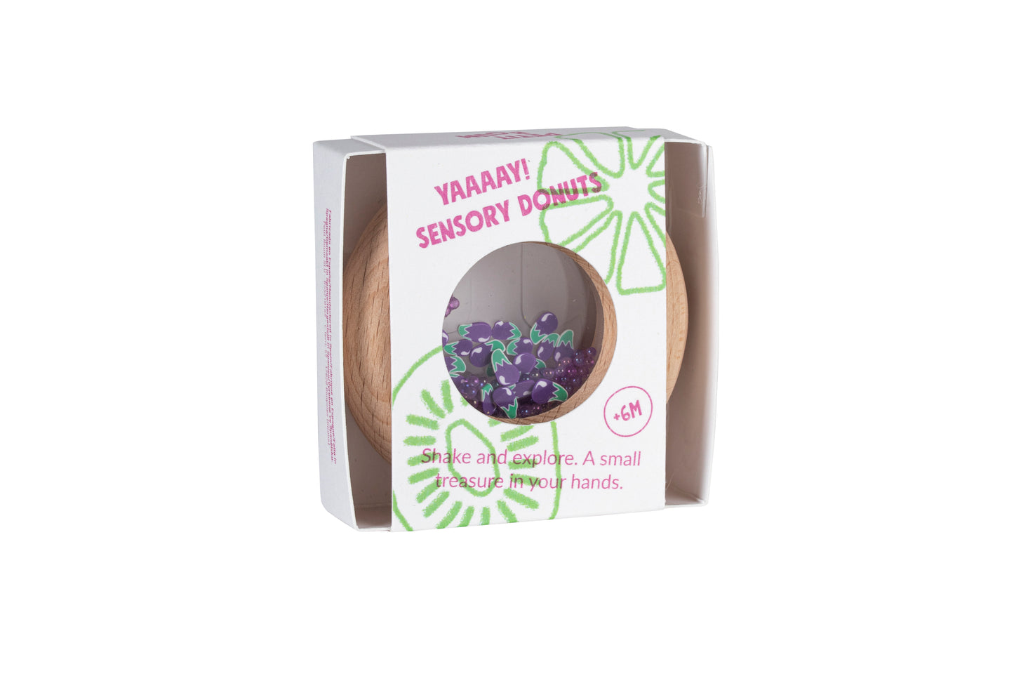 Petit Boum | Sensorische donut aubergine – houten babyspeelgoed met geluid