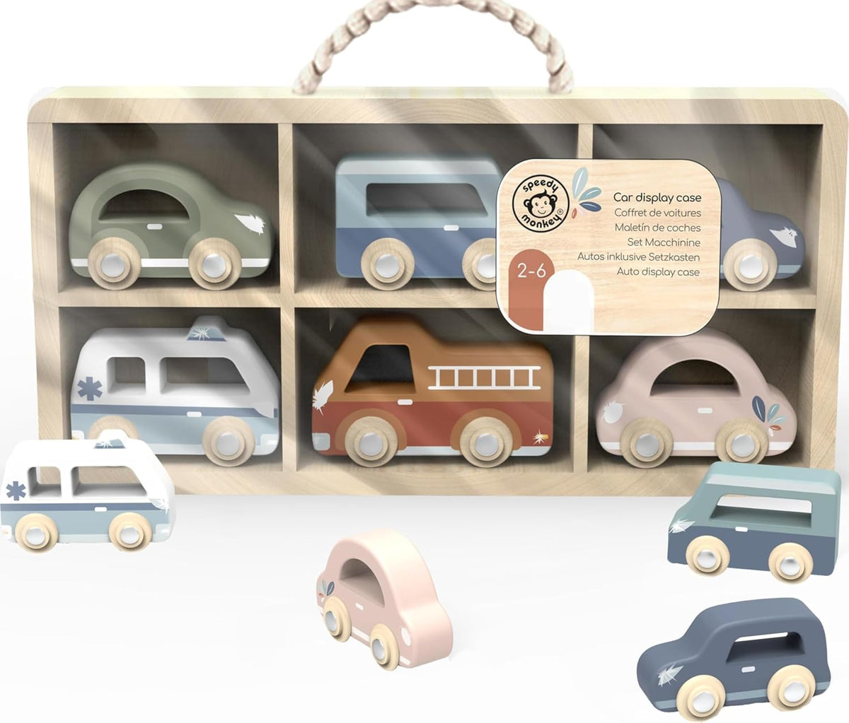 Speedy Monkey | Houten voertuigen set - 6 auto’s in koffer