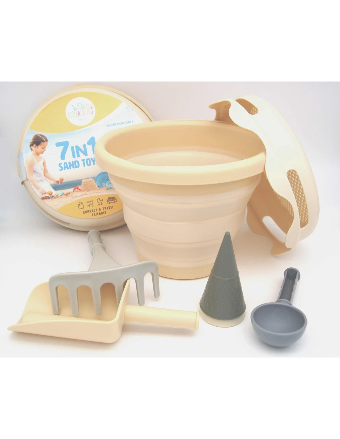 7in1 Sand Toys Zandspeelgoed Set Beige – Opvouwbare Emmer & Accessoires