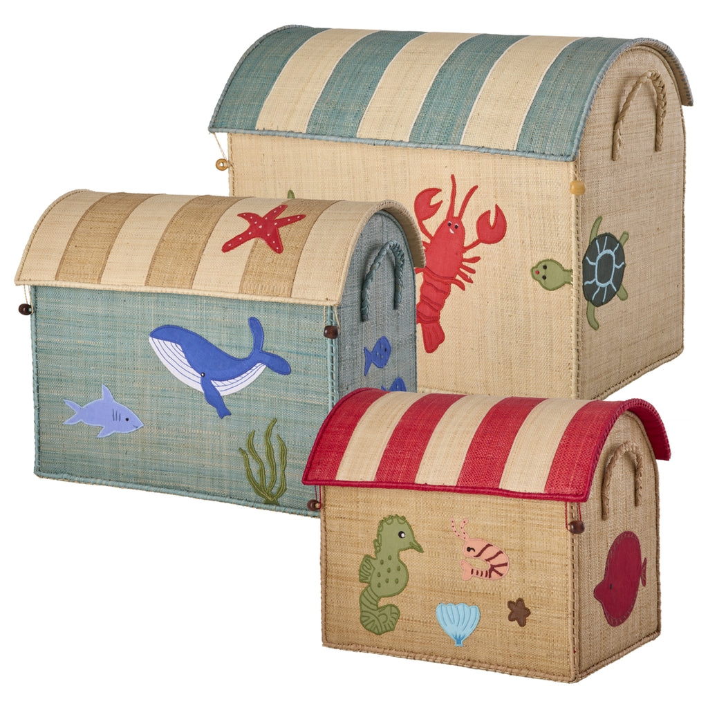 RICE | Raffia storage house - ocean theme - blauw
