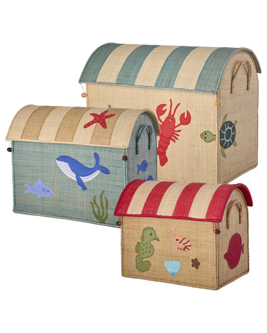 RICE | Raffia storage house - ocean theme - blauw