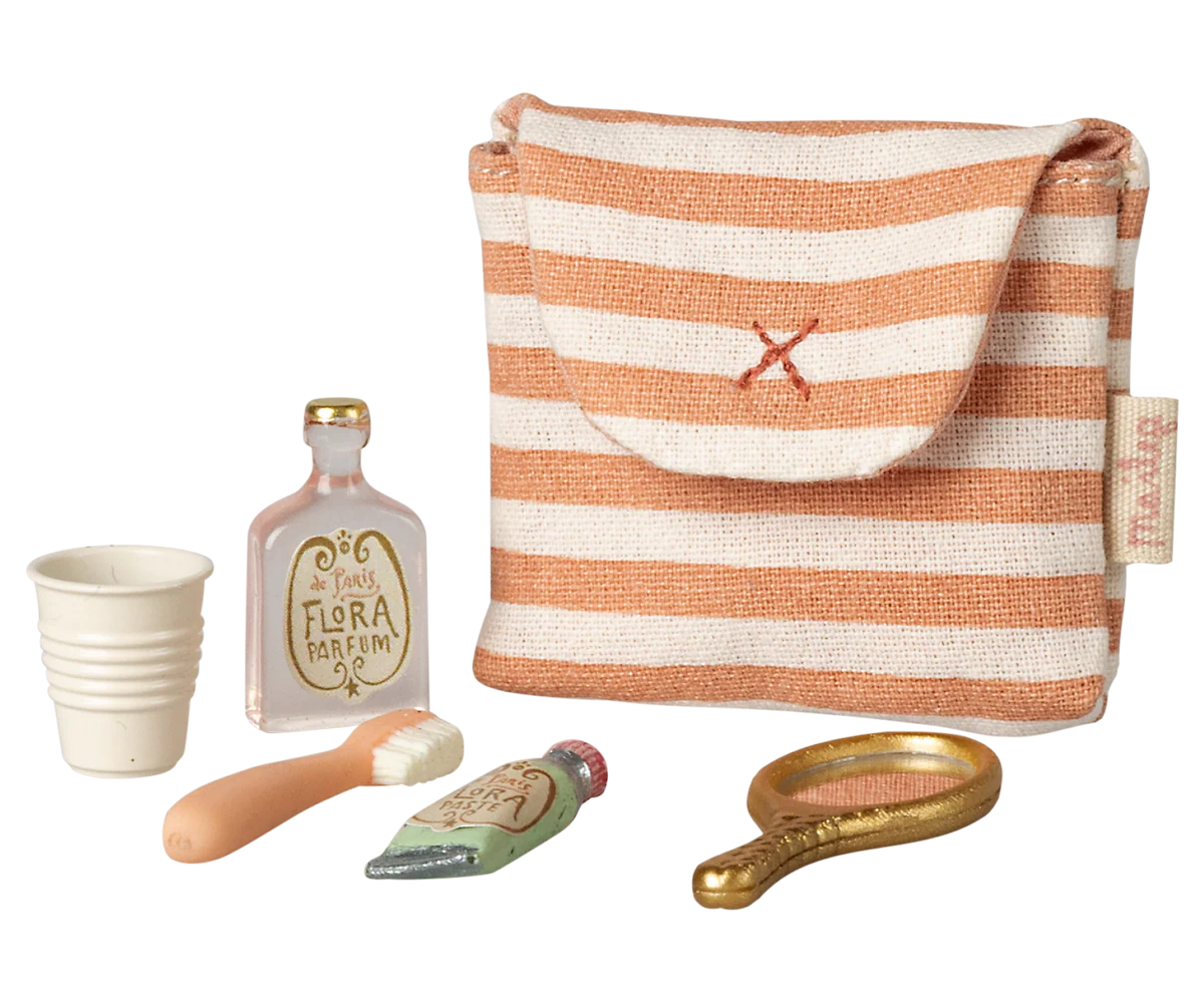 Maileg | Toothbrush Set in Bag – Mouse Coral Stripe