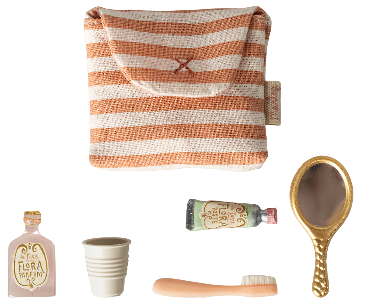 Maileg | Toothbrush Set in Bag – Mouse Coral Stripe