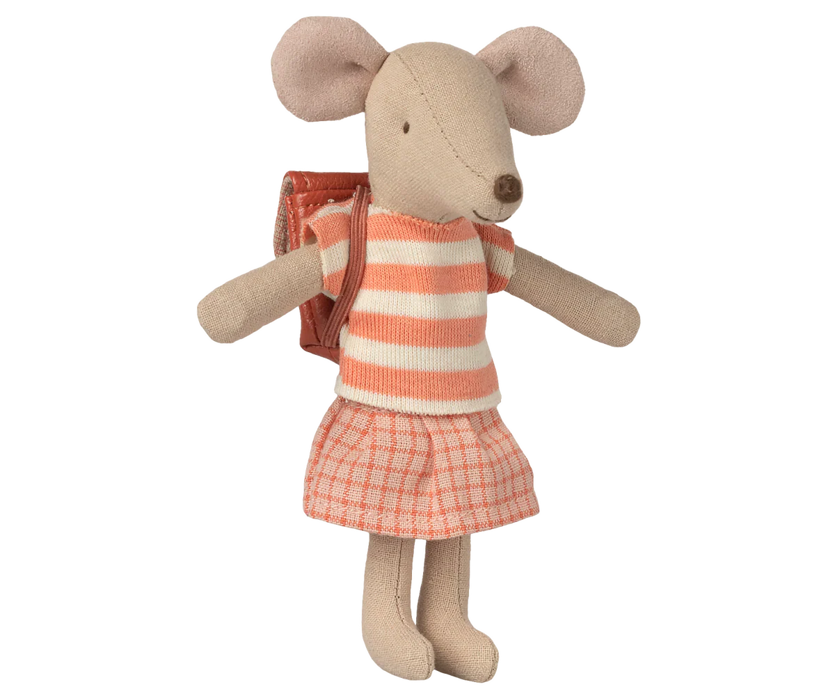 Maileg | Tricycle Mouse Big Sister met Rugzak | Coral | 13 cm