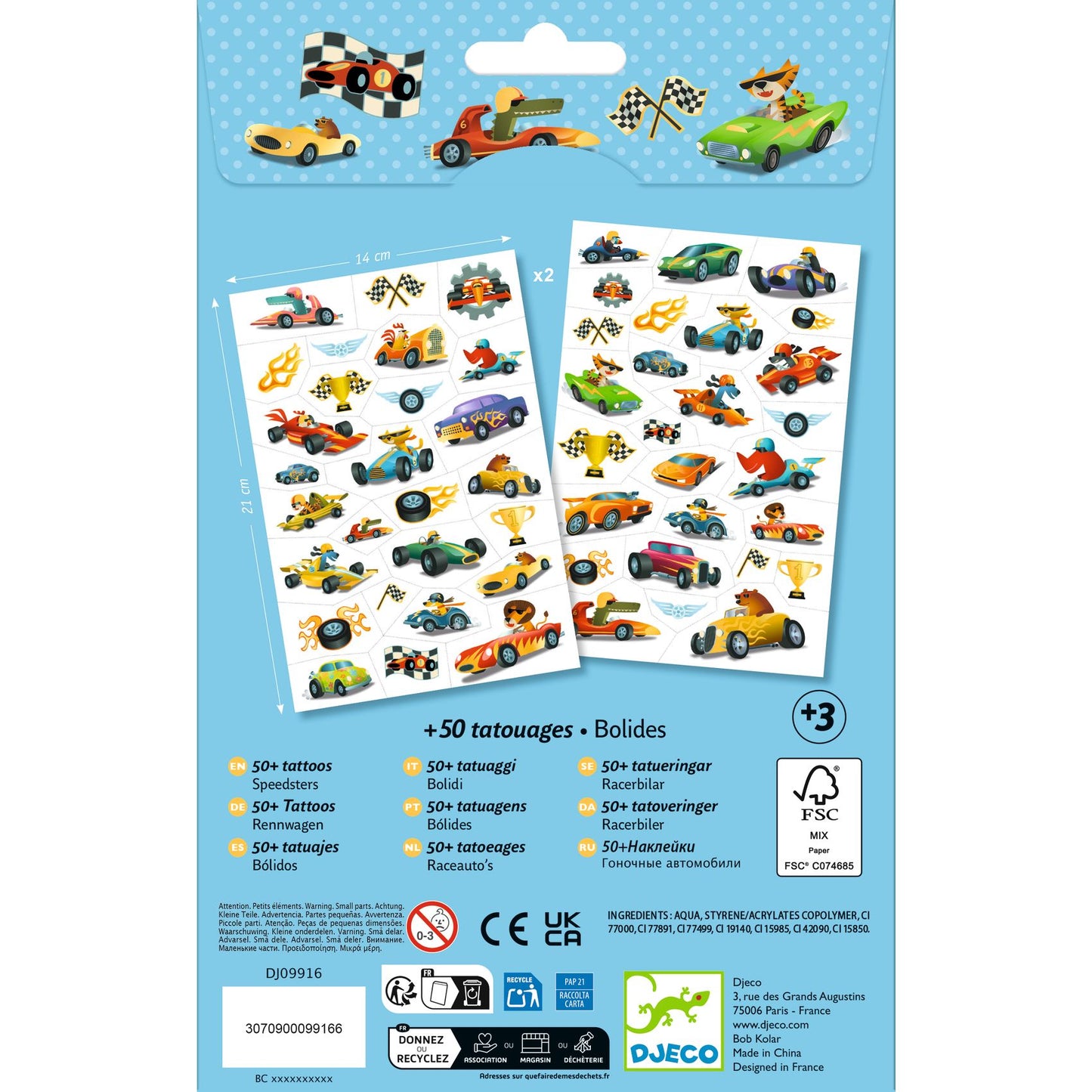 Djeco | Raceauto’s Tattoos – tijdelijke metallic tattoos - DJ09916