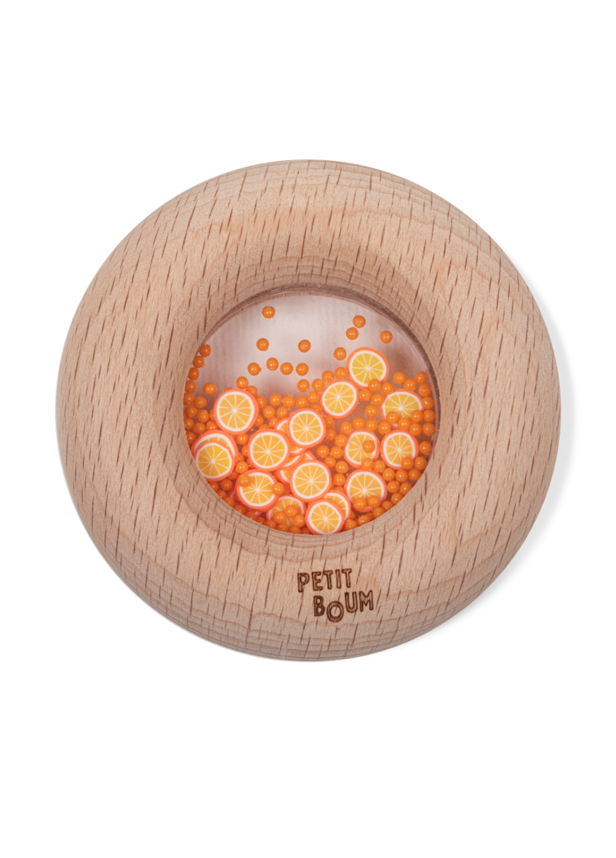 Petit Boum | sensorische donut sinaasappels – houten babyspeelgoed met rammelgeluid