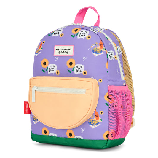 Zijkant van de Hello Hossy Sunflower kinderrugzak