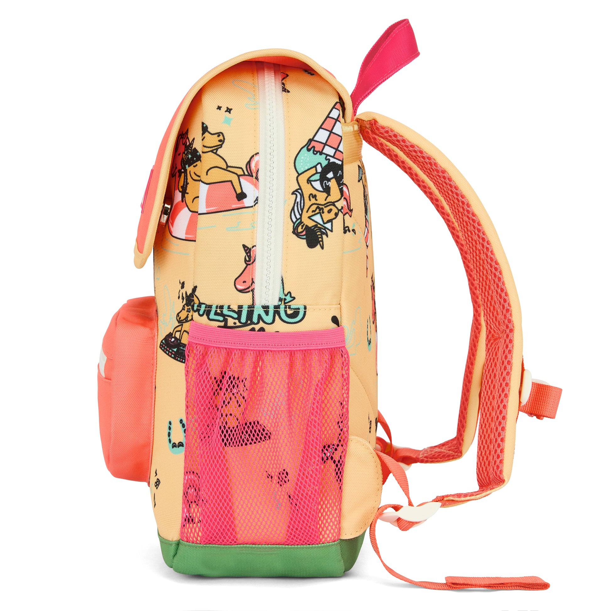 Zijkant van de Hello Hossy Unicorn schoolrugzak