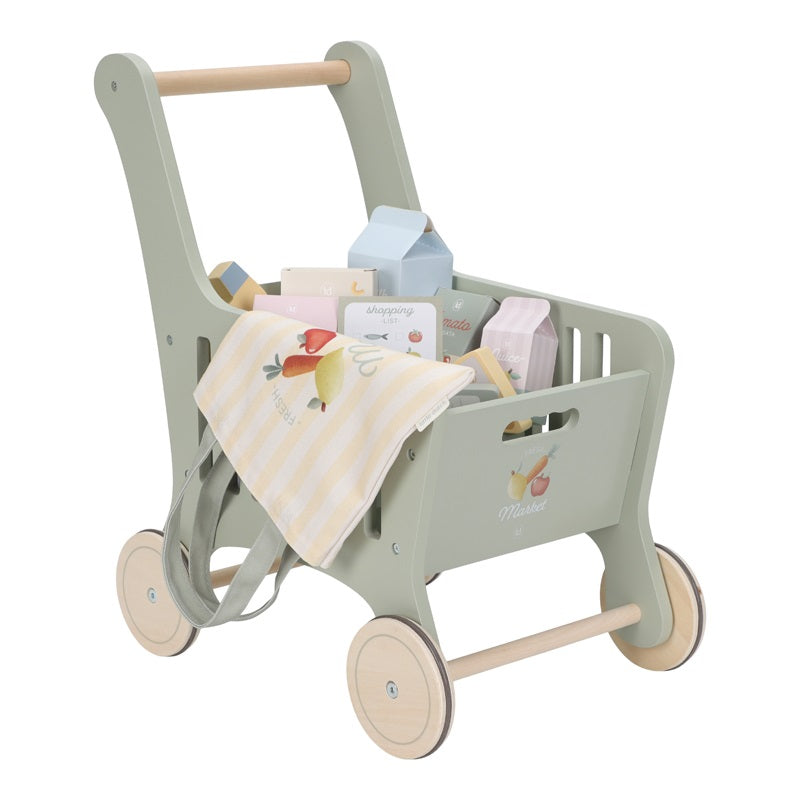 houten kinder winkelwagen met speelgoed boodschappen en tas
