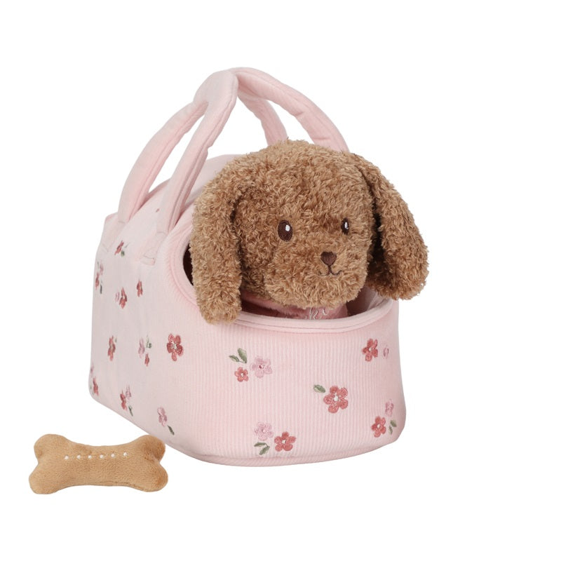 little dutch knuffelhond jackie in tas met bloemenprint
