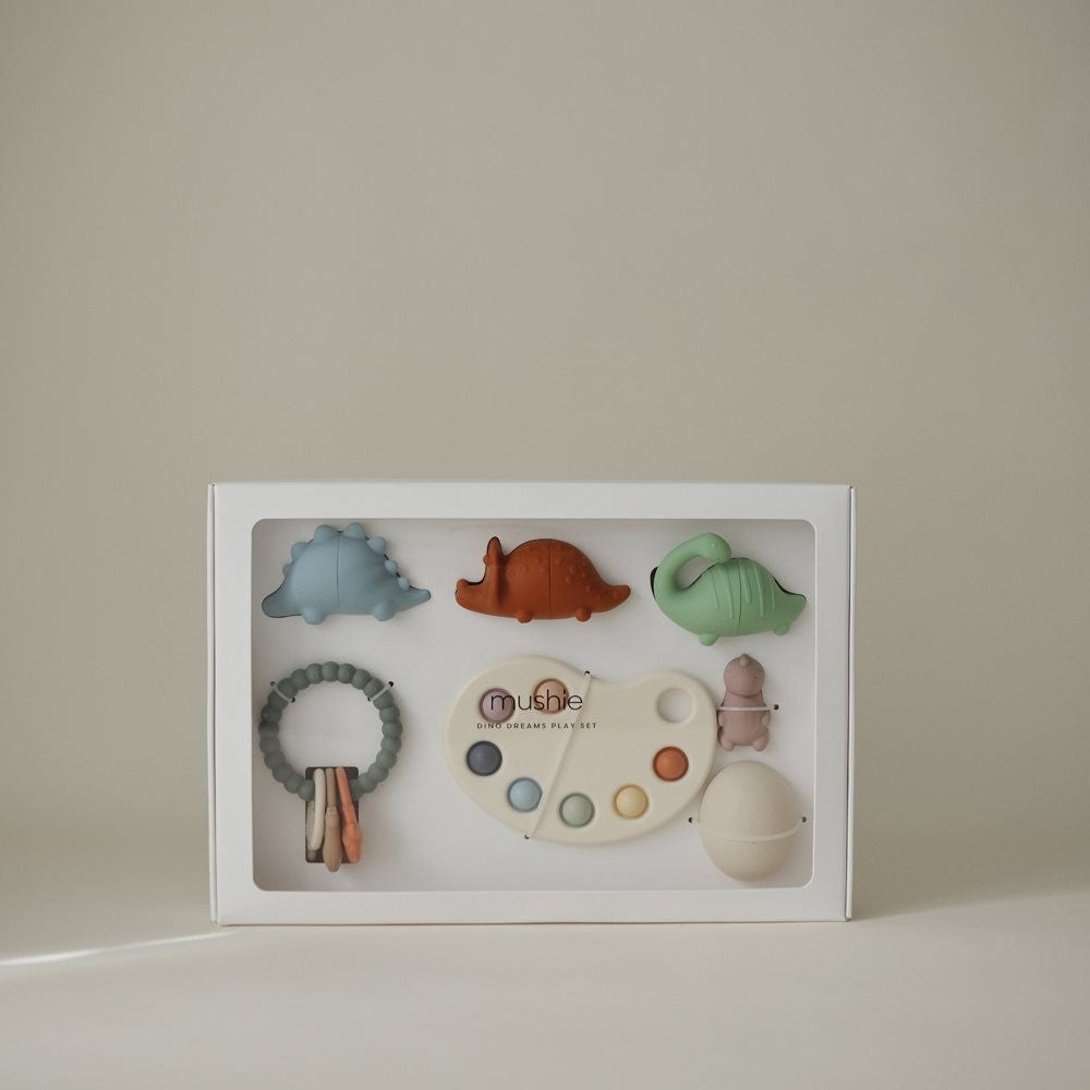 Mushie | Cadeauset Dino Dreams – badspeelgoed en bijtring