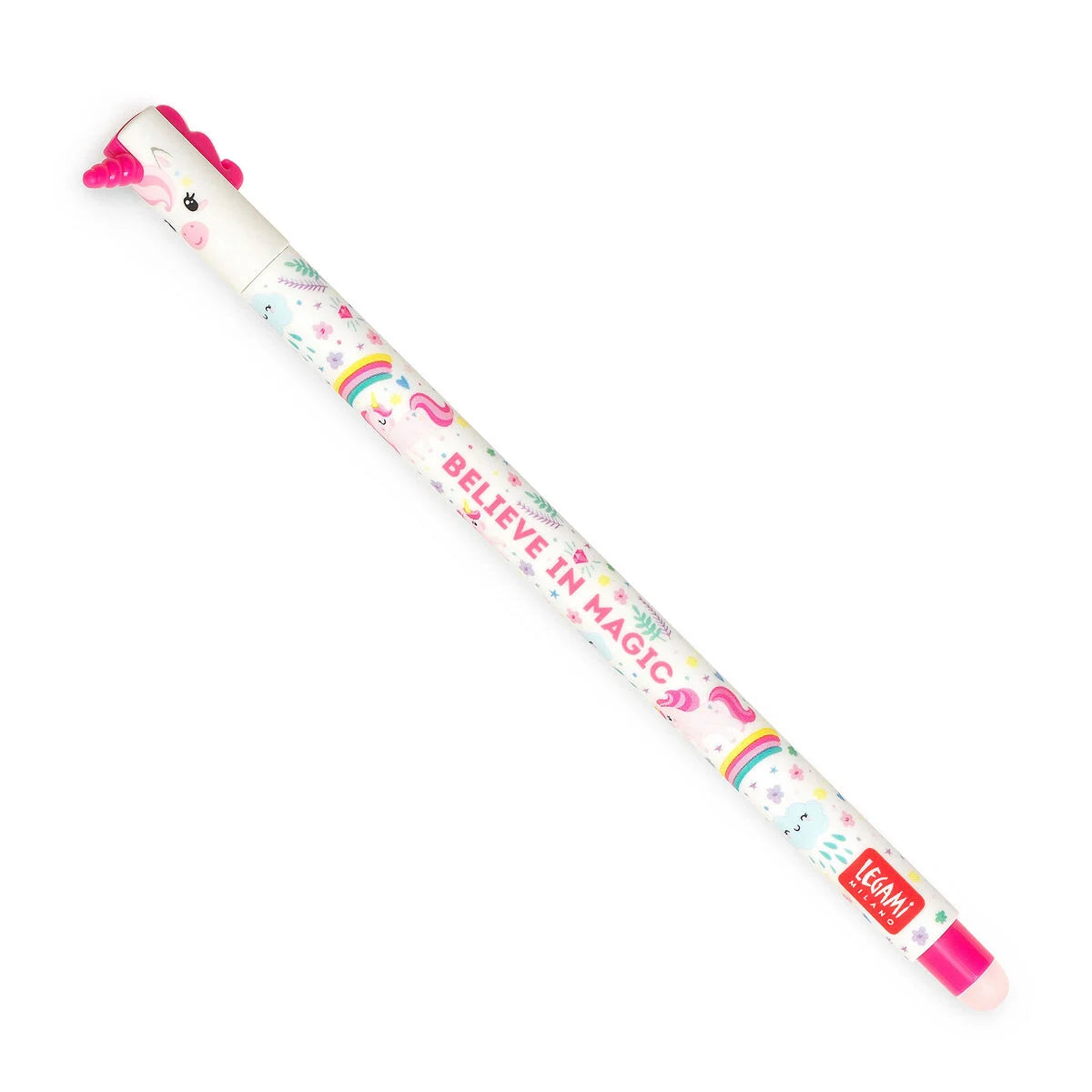 roze uitwisbare pen van Legmi in de vorm van een eenhoorn
